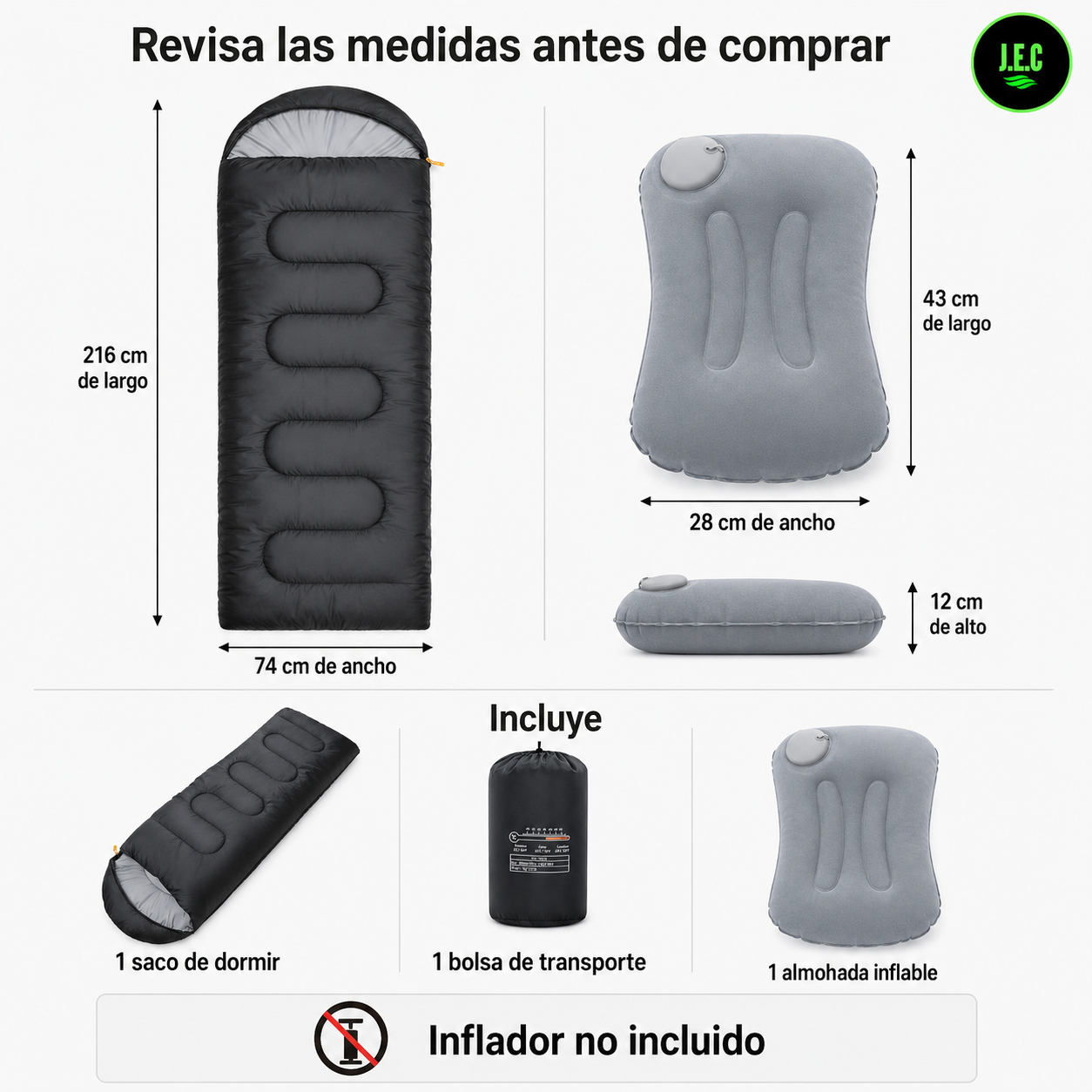 Kit Camping Saco de Dormir Térmico + Almohada Inflable