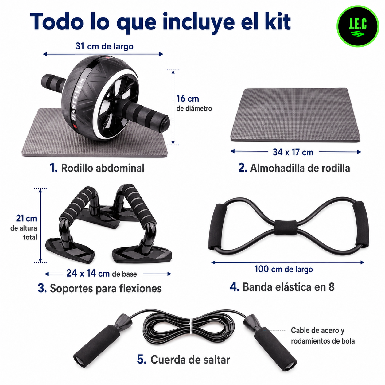 Kit Fitness 5 en 1 Rodillo Rueda Ancha Soportes y Cuerda