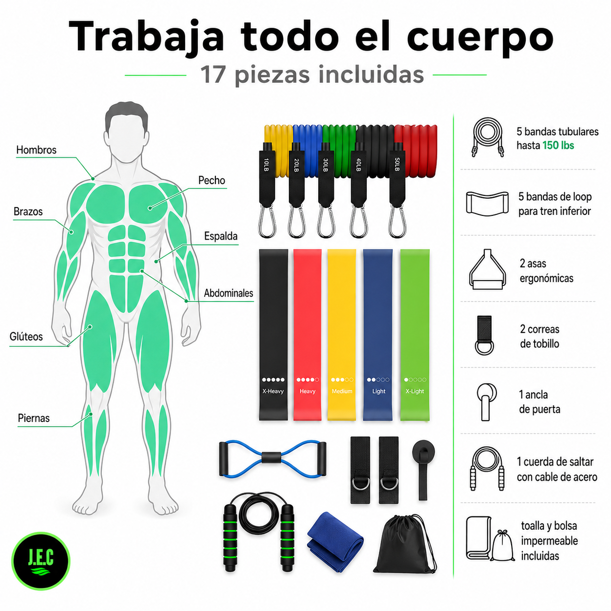 Kit Bandas Resistencia 17 Piezas Latex hasta 150 lbs