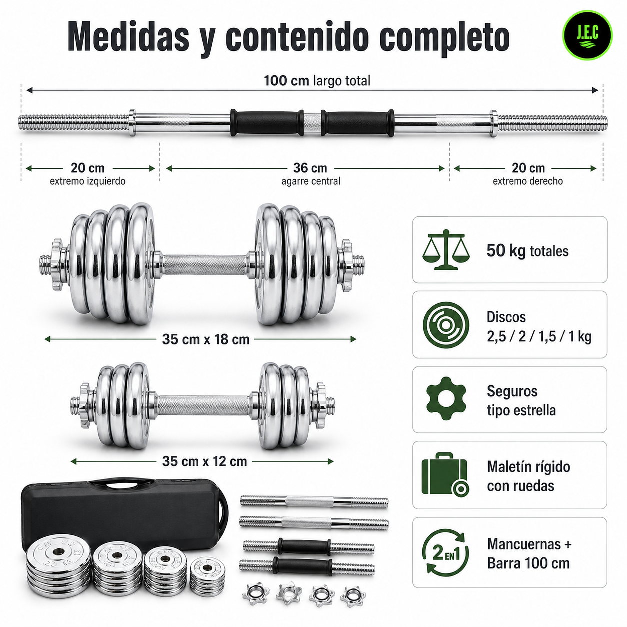Set Mancuernas J.E.C. 50kg 2 en 1 con Barra y Maletin