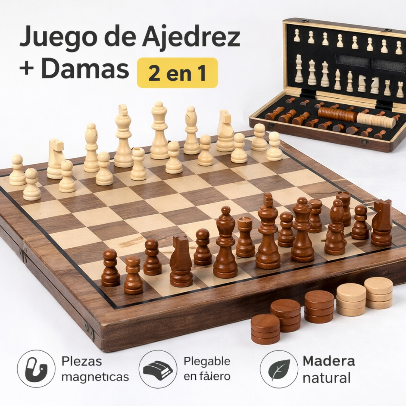 Juego Ajedrez y Damas 2 en 1 Magnético de Madera Premium