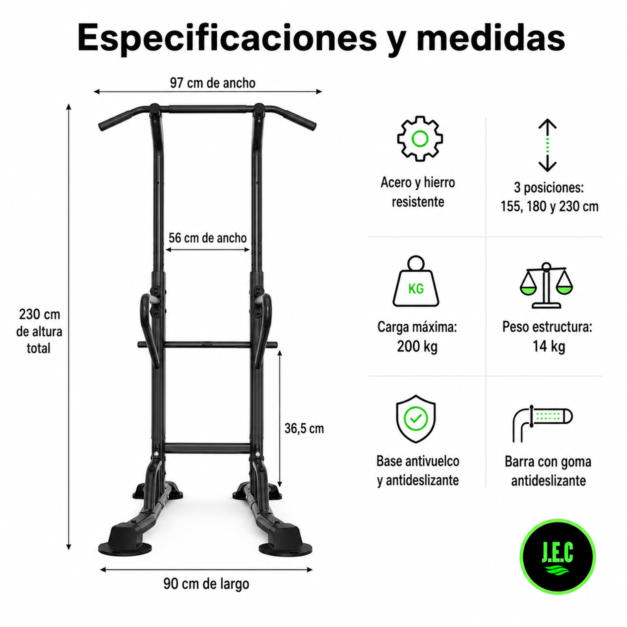 Torre Dominadas Paralelas 230cm Ajustable 200kg Acero