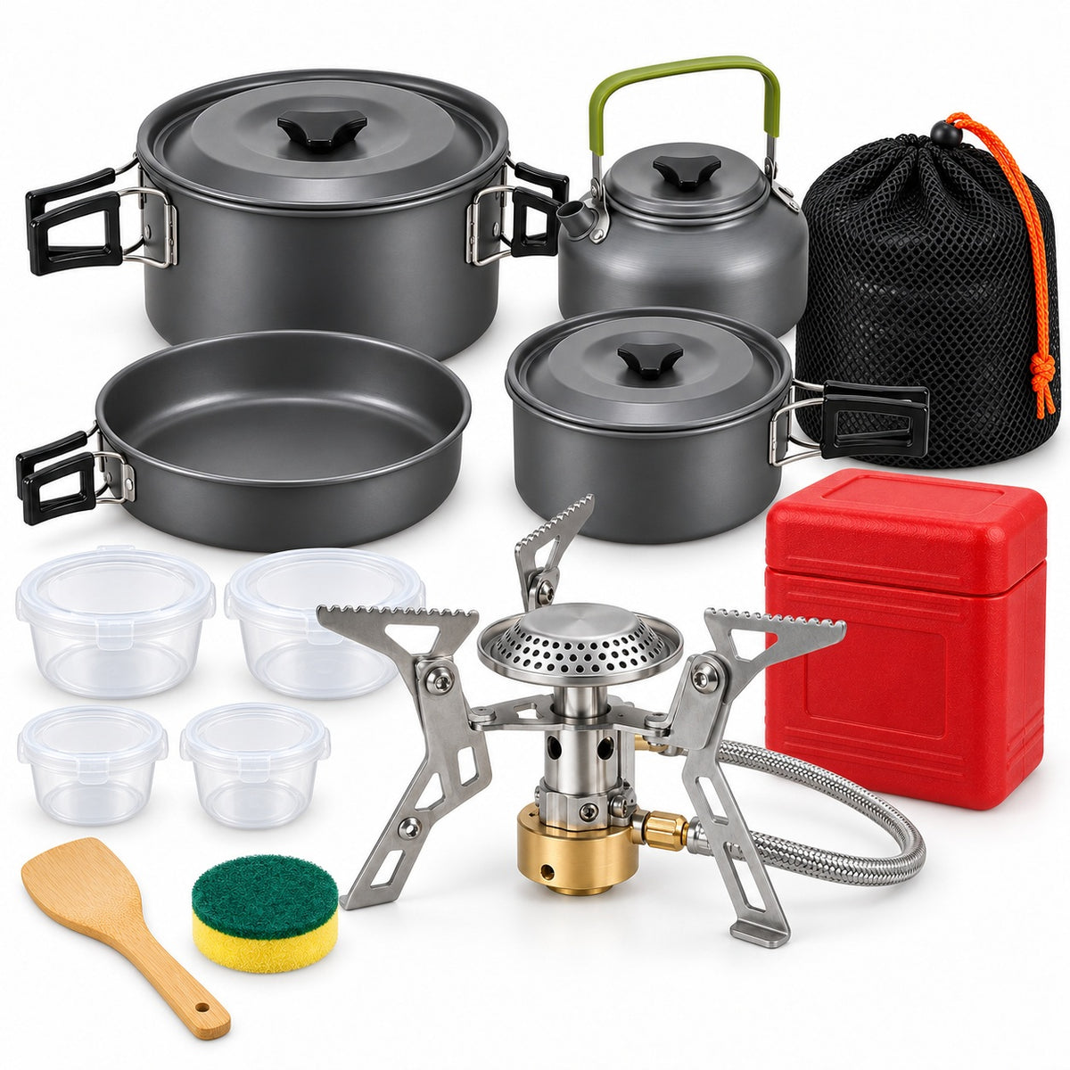Kit Camping Cocinilla + Set Cocina 16 Piezas con Tetera