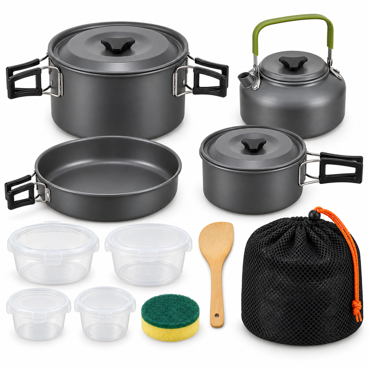 Set Cocina Camping 16 Piezas con Tetera y Ollas