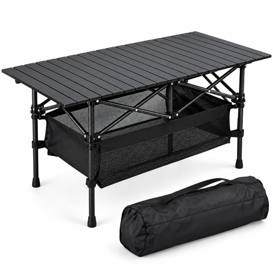 Mesa plegable de camping de aluminio con cesta inferior