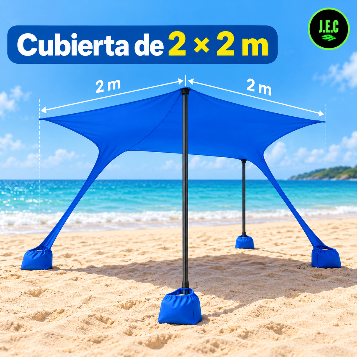 Toldo Elástico de Playa 2x2 m con 2 Postes de Hierro