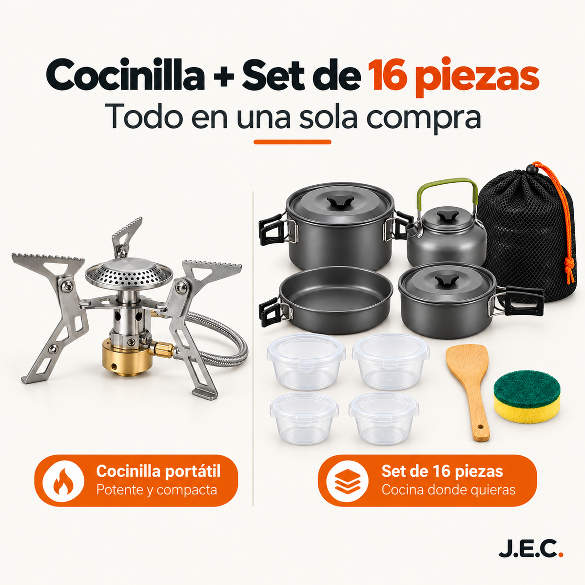 Kit Camping Cocinilla + Set Cocina 16 Piezas con Tetera