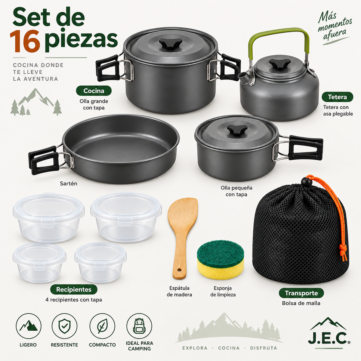 Set Cocina Camping 16 Piezas con Tetera y Ollas