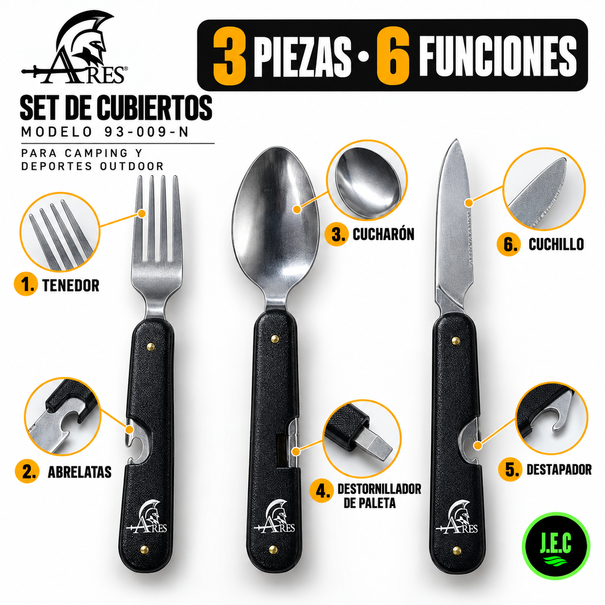 Set Cubiertos Camping  6 en 1 Plegables con Estuche