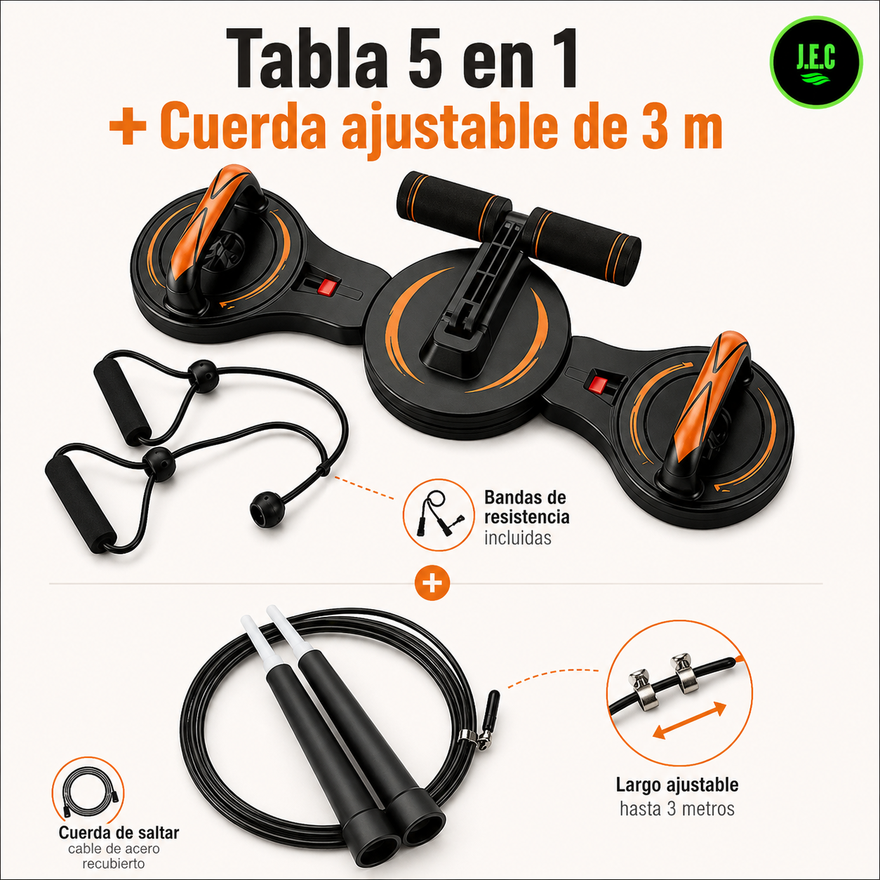 Kit Fitness Tabla Flexiones 5 En 1 + Cuerda Ajustable