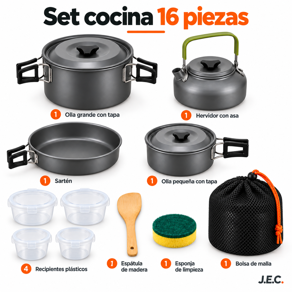 Kit Camping Cocinilla + Set Cocina 16 Piezas con Tetera