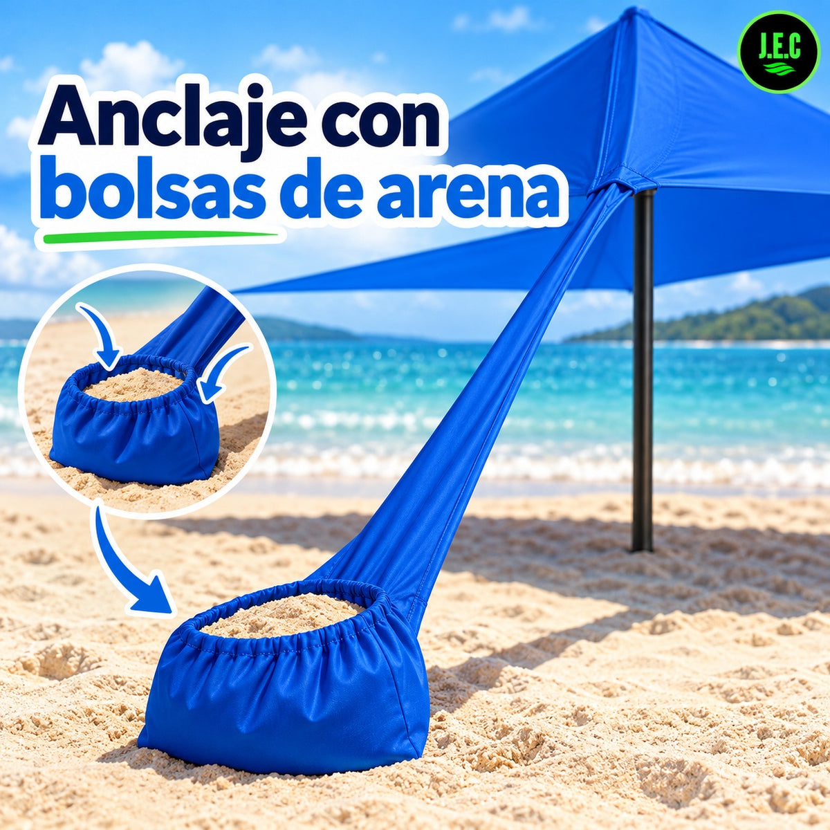 Toldo Elástico de Playa 2x2 m con 2 Postes de Hierro