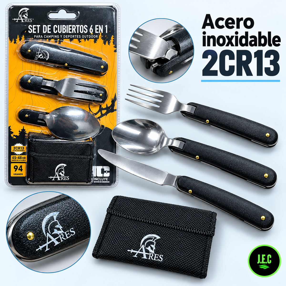 Set Cubiertos Camping  6 en 1 Plegables con Estuche