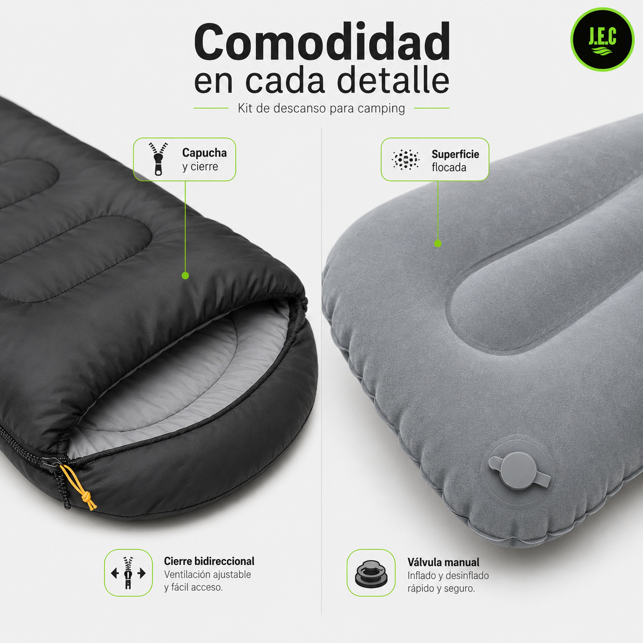 Kit Camping Saco de Dormir Térmico + Almohada Inflable