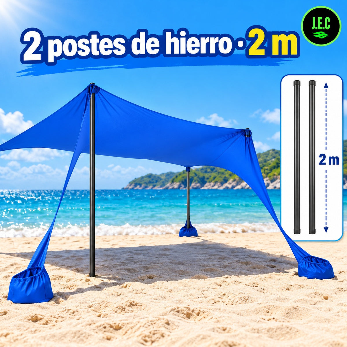 Toldo Elástico de Playa 2x2 m con 2 Postes de Hierro