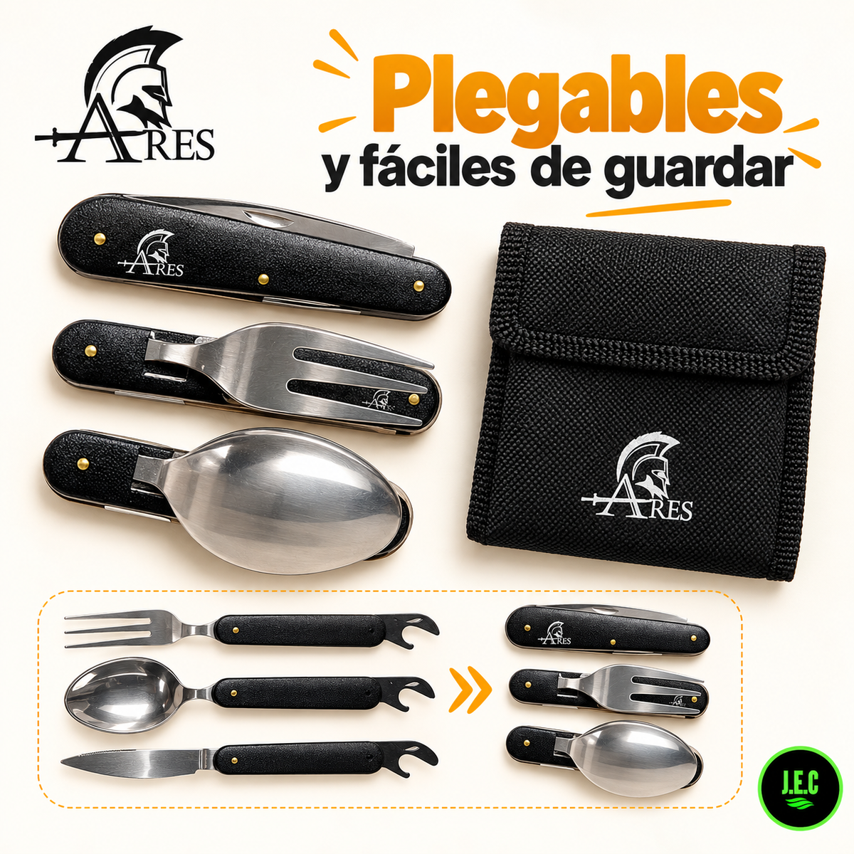 Set Cubiertos Camping  6 en 1 Plegables con Estuche