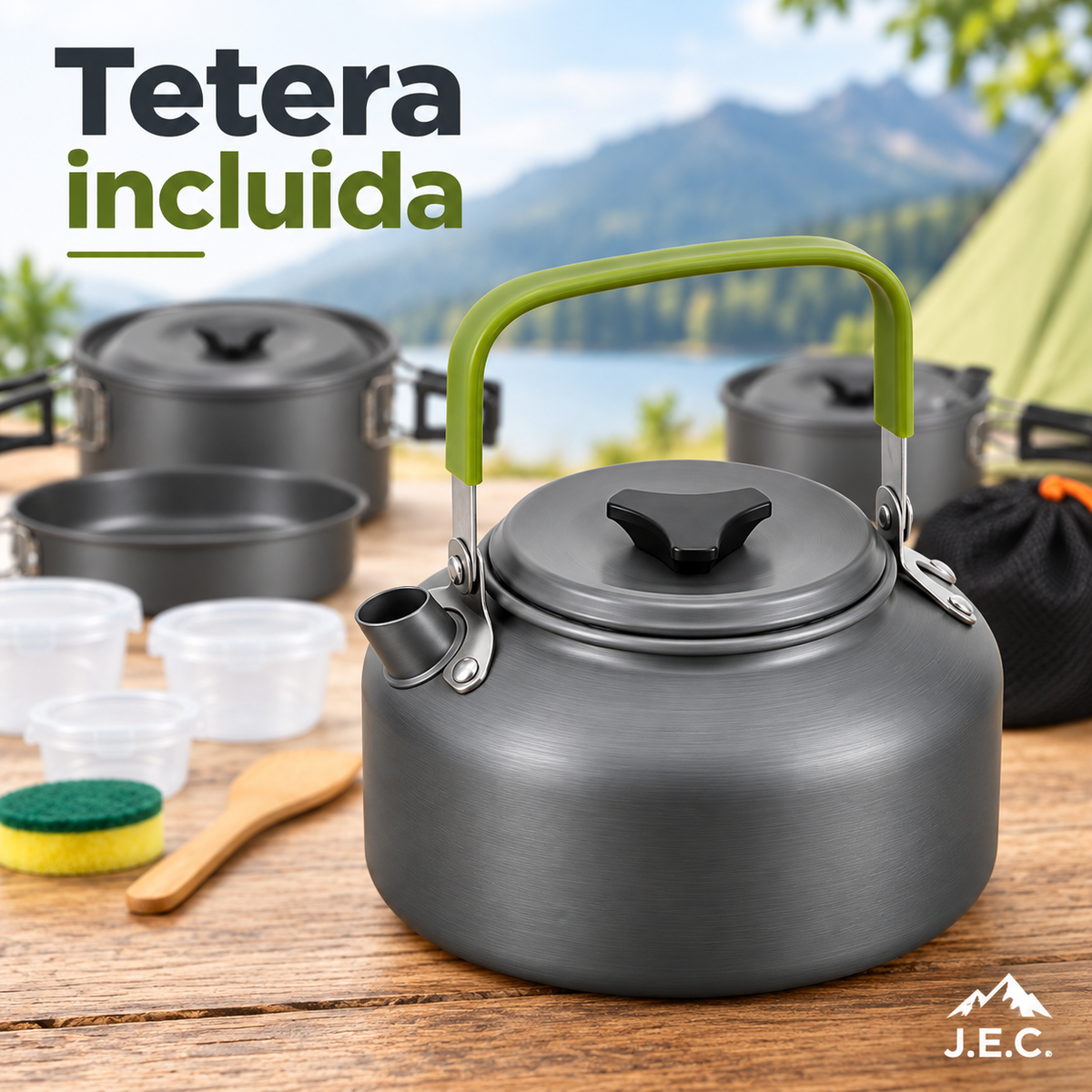 Set Cocina Camping 16 Piezas con Tetera y Ollas