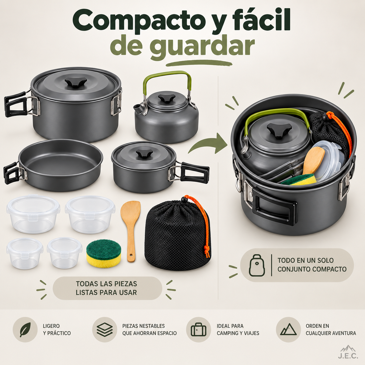 Set Cocina Camping 16 Piezas con Tetera y Ollas