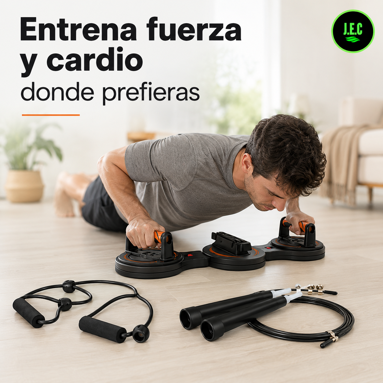 Kit Fitness Tabla Flexiones 5 En 1 + Cuerda Ajustable