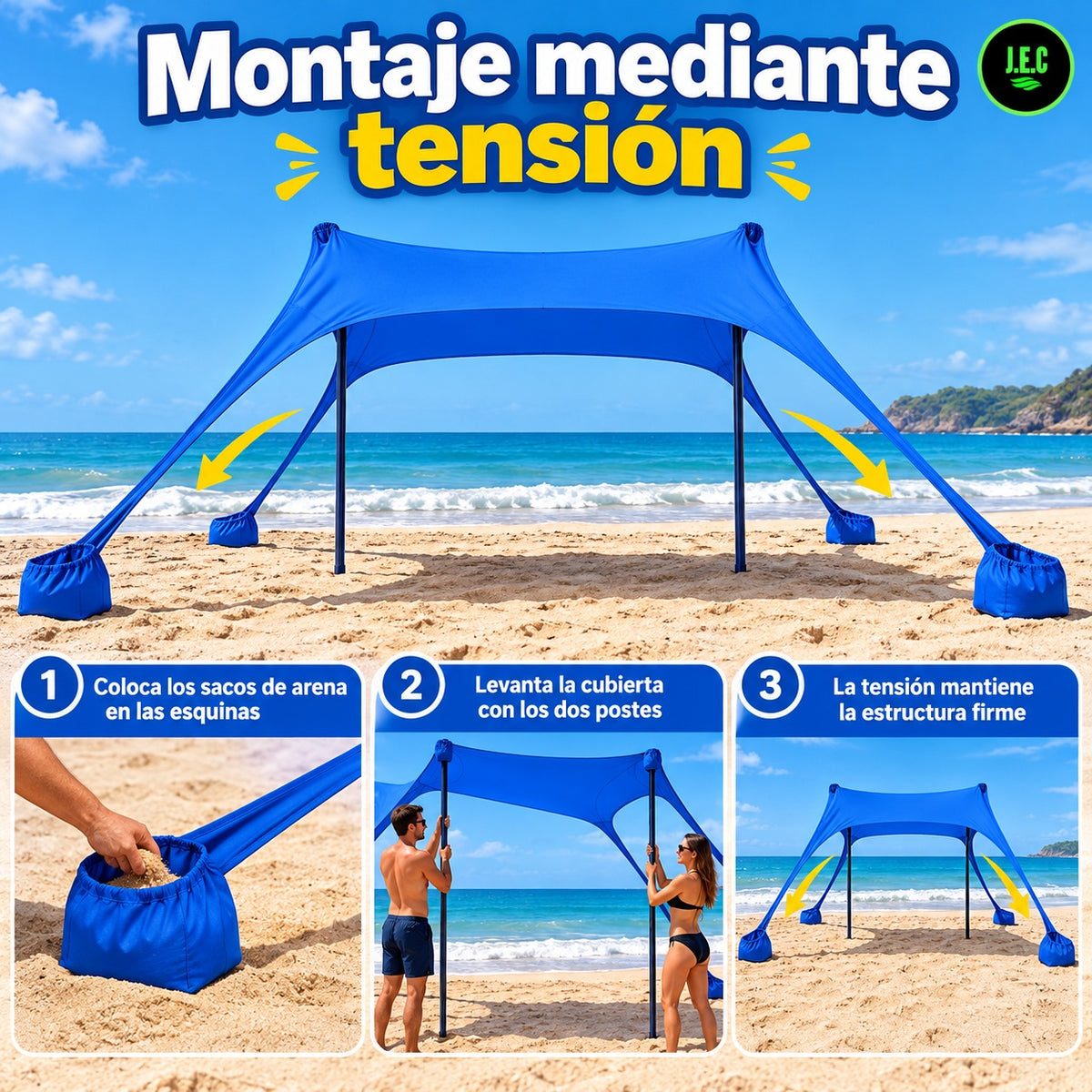 Toldo Elástico de Playa 2x2 m con 2 Postes de Hierro