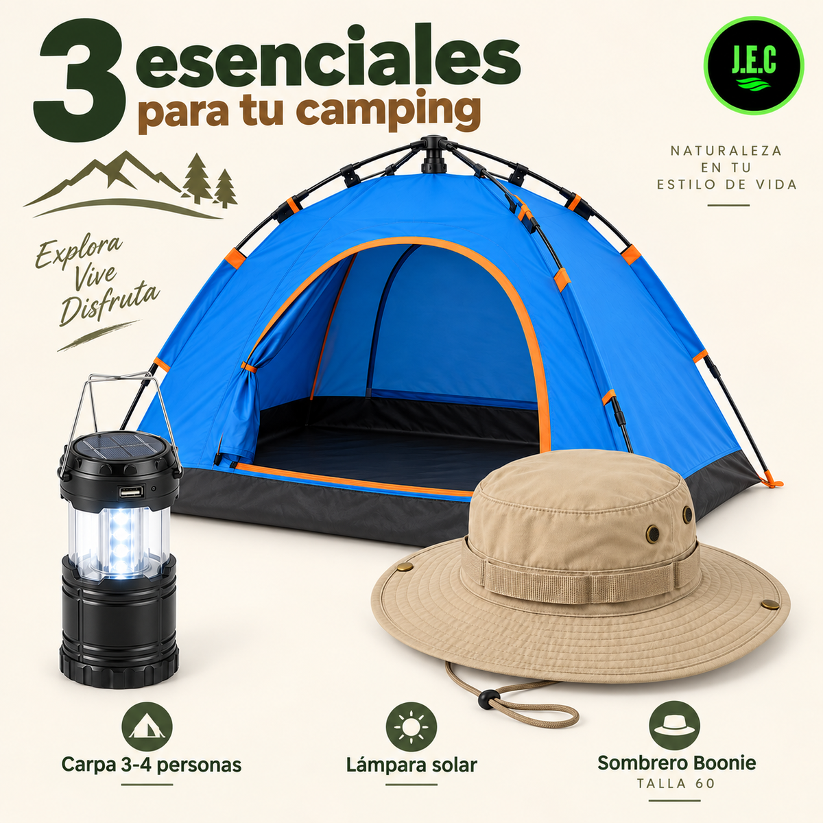 Kit Camping Carpa 4 Personas + Linterna Solar + Boonie