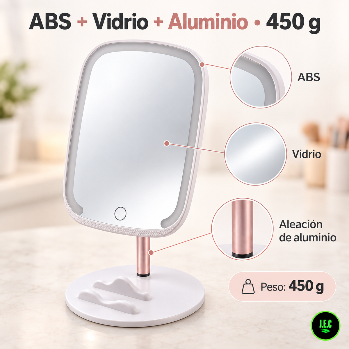 Espejo de Maquillaje LED de Mesa con Brillo Ajustable
