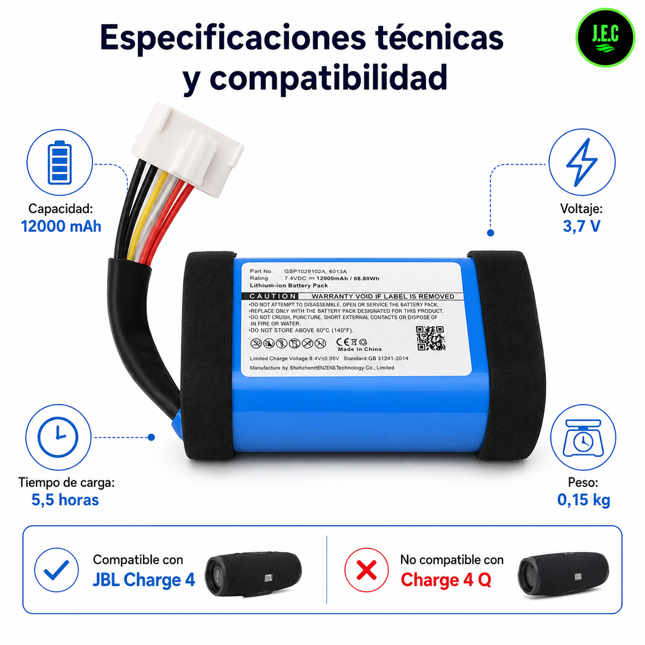 Batería de reemplazo 12000 mAh compatible para JBL Charge 4