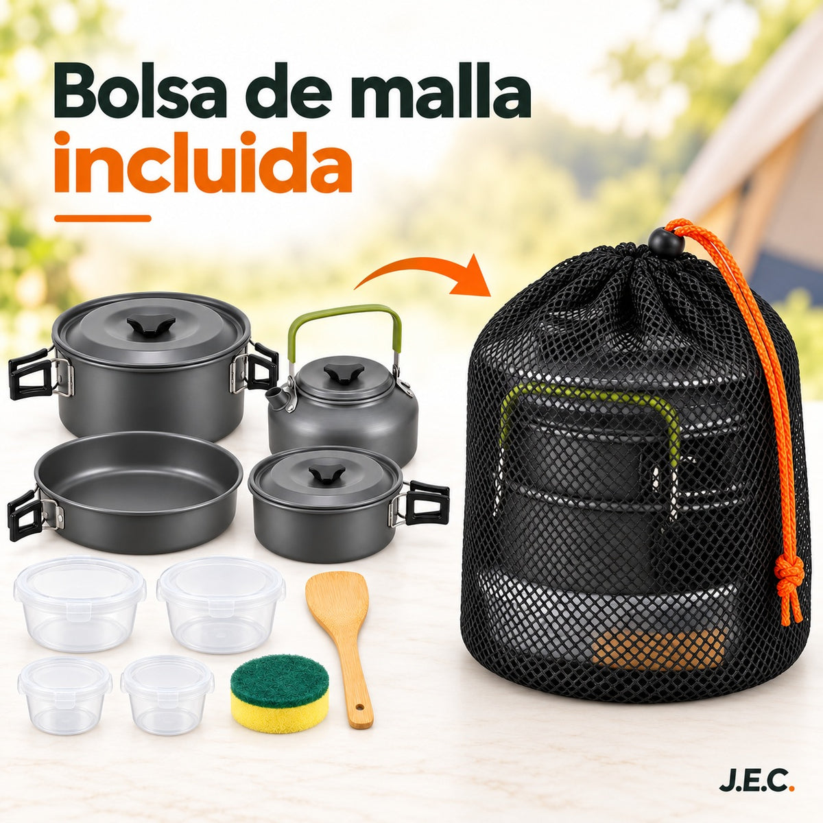 Set Cocina Camping 16 Piezas con Tetera y Ollas