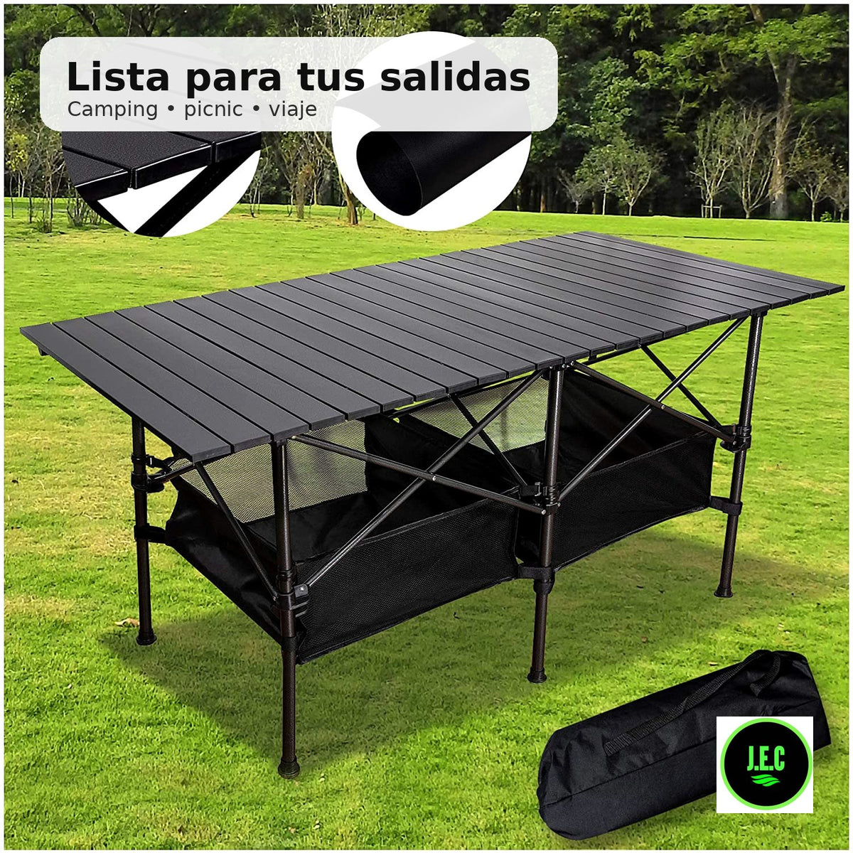 Mesa plegable de camping de aluminio con cesta inferior