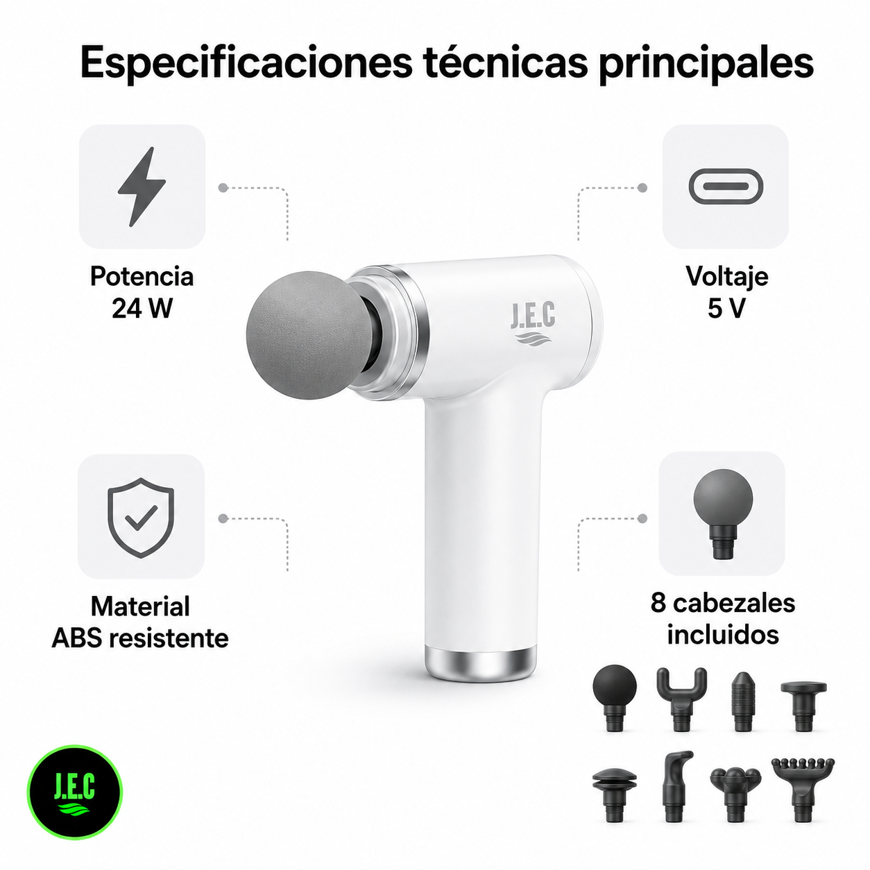 Pistola de Masaje Portátil 6 Modos + 8 Cabezas