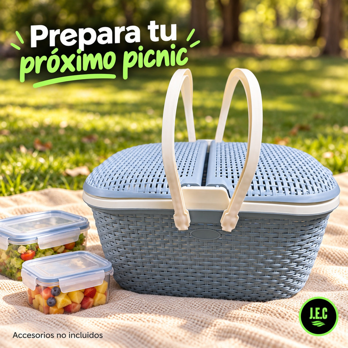 Canasta picnic multiuso con asas y doble tapa · 46 cm