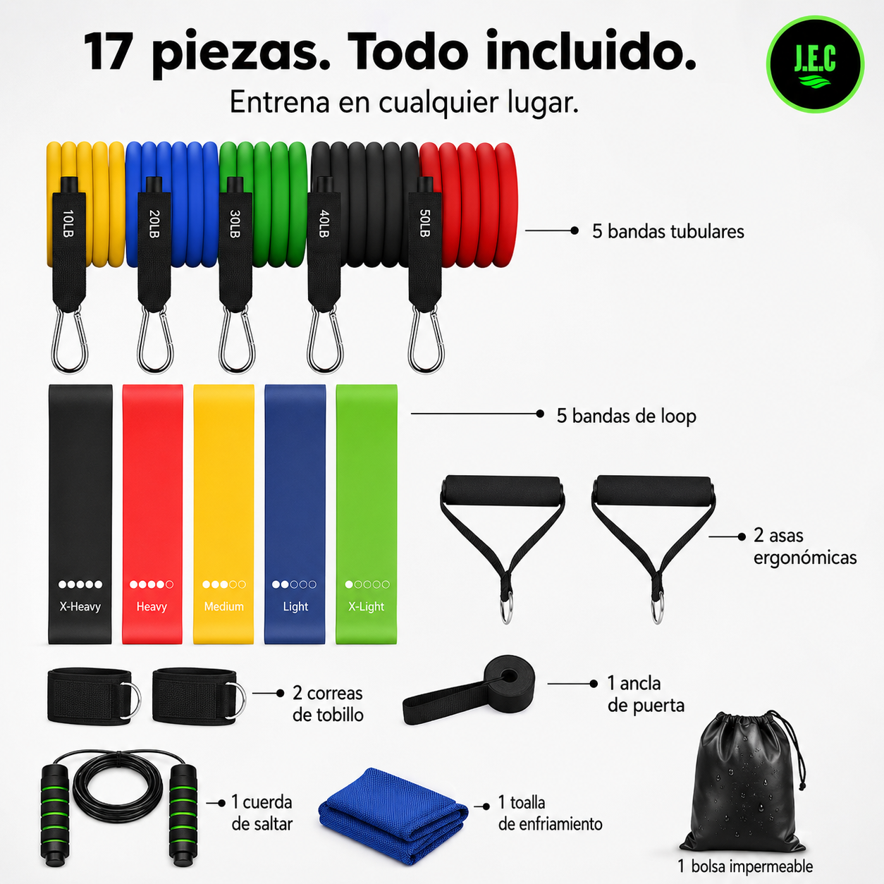 Kit Bandas Resistencia 17 Piezas Latex hasta 150 lbs
