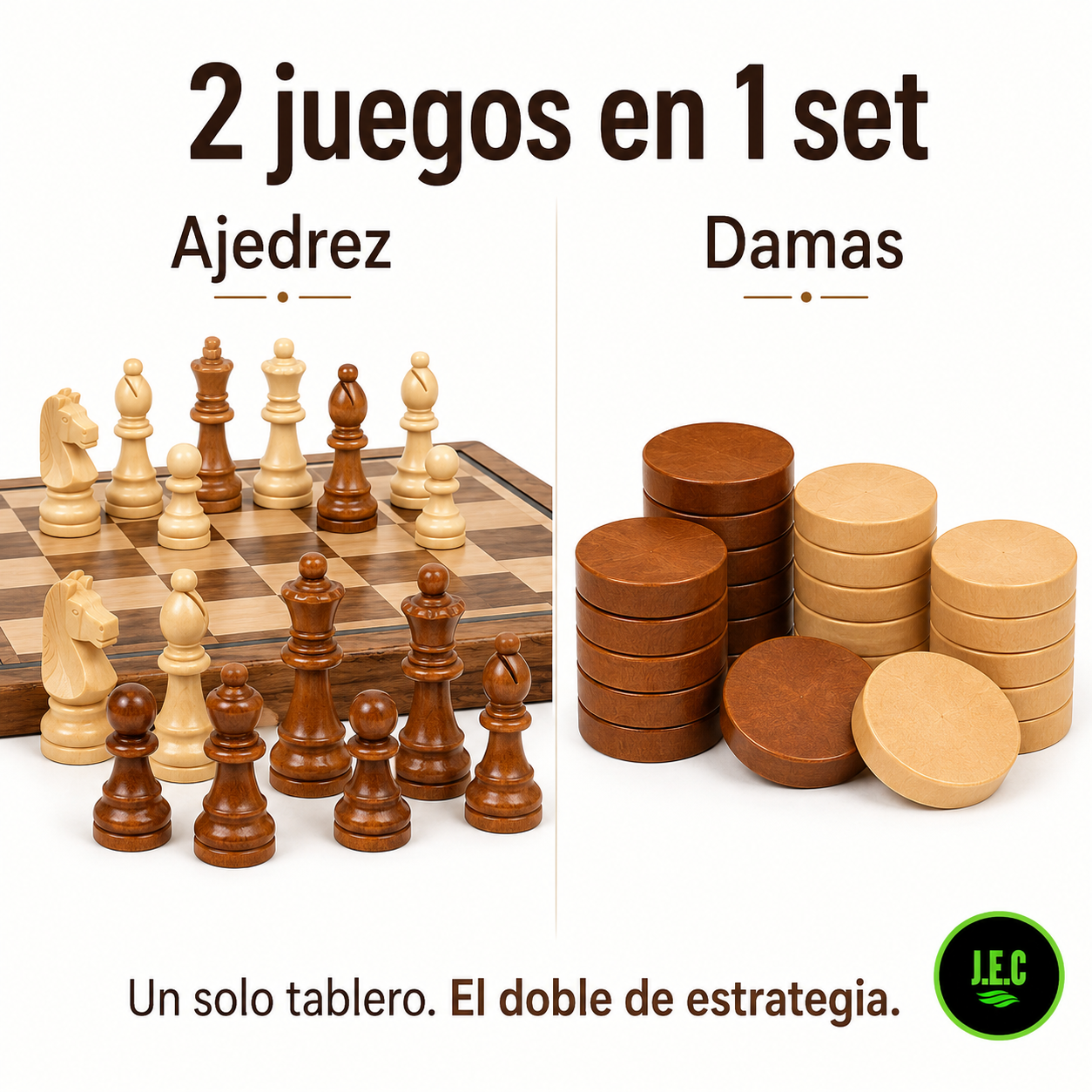 Ajedrez y Damas 2 en 1 Madera 39cm Piezas Magneticas