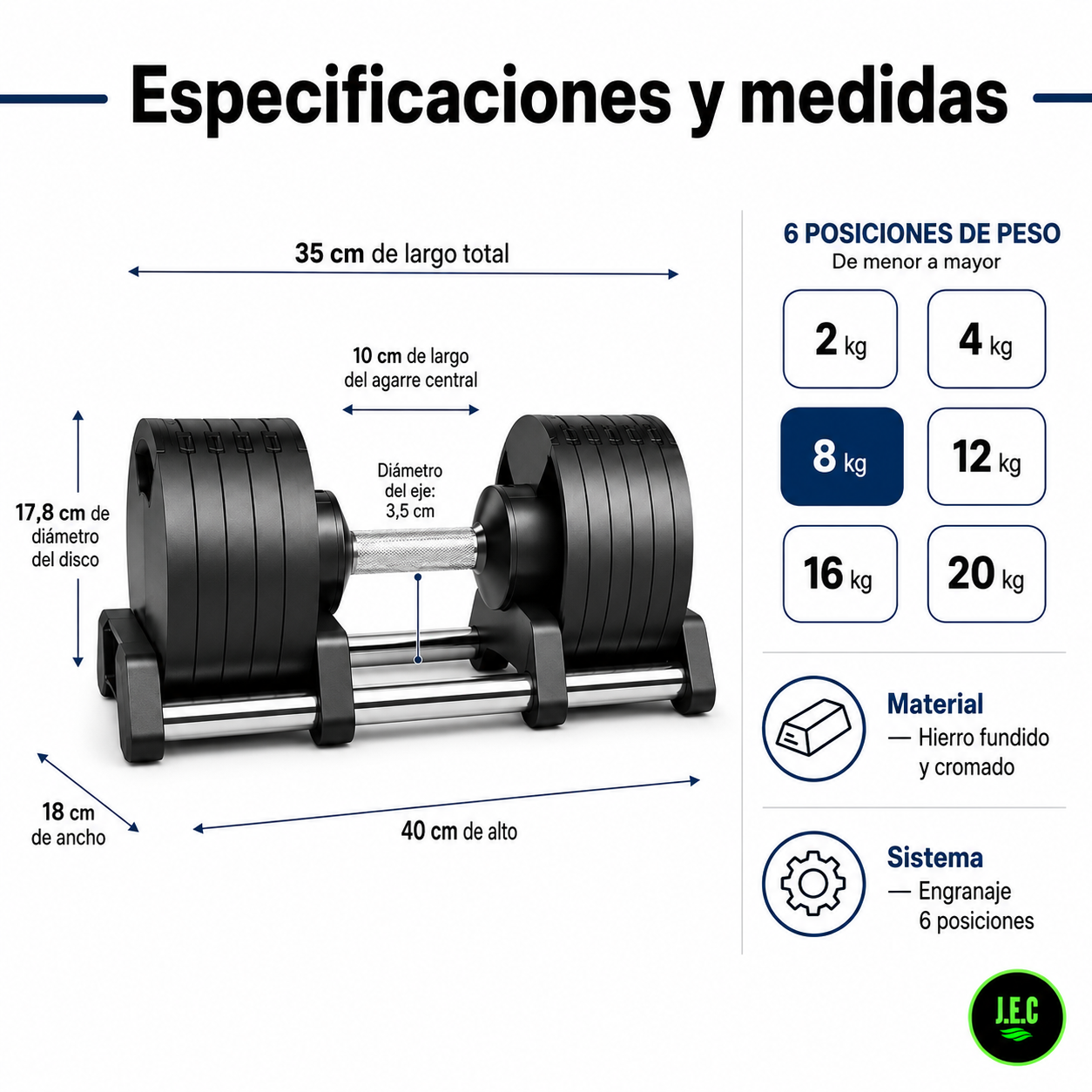 Mancuerna Ajustable Hierro 2 a 20kg Engranaje 6 Posiciones
