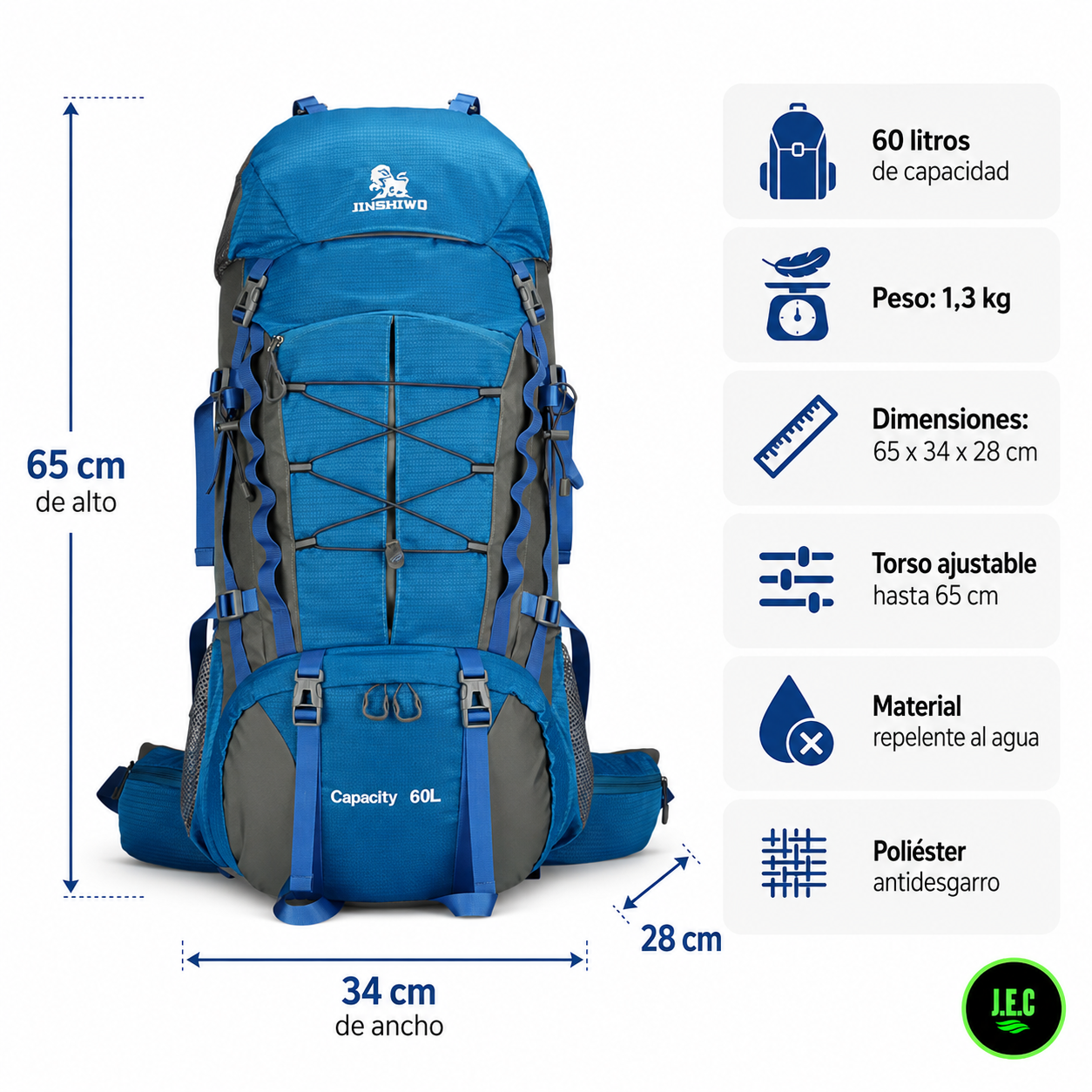 Mochila Trekking 60L Ajuste Torso Regulable Impermeable