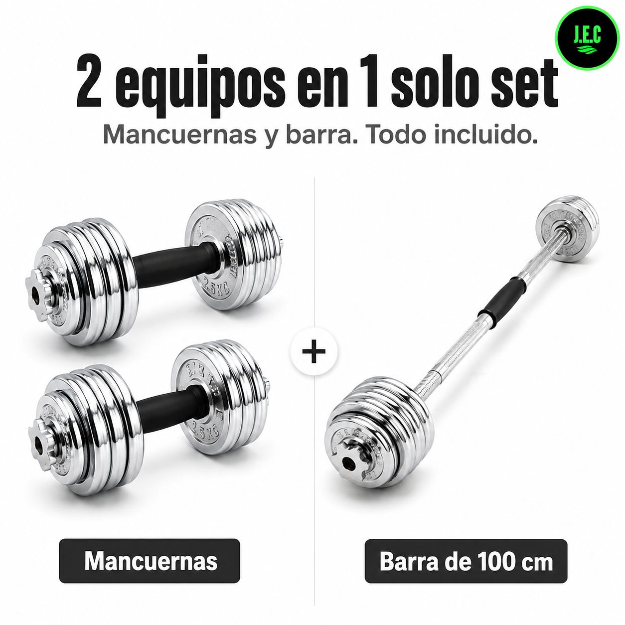 Set Mancuernas J.E.C. 50kg 2 en 1 con Barra y Maletin