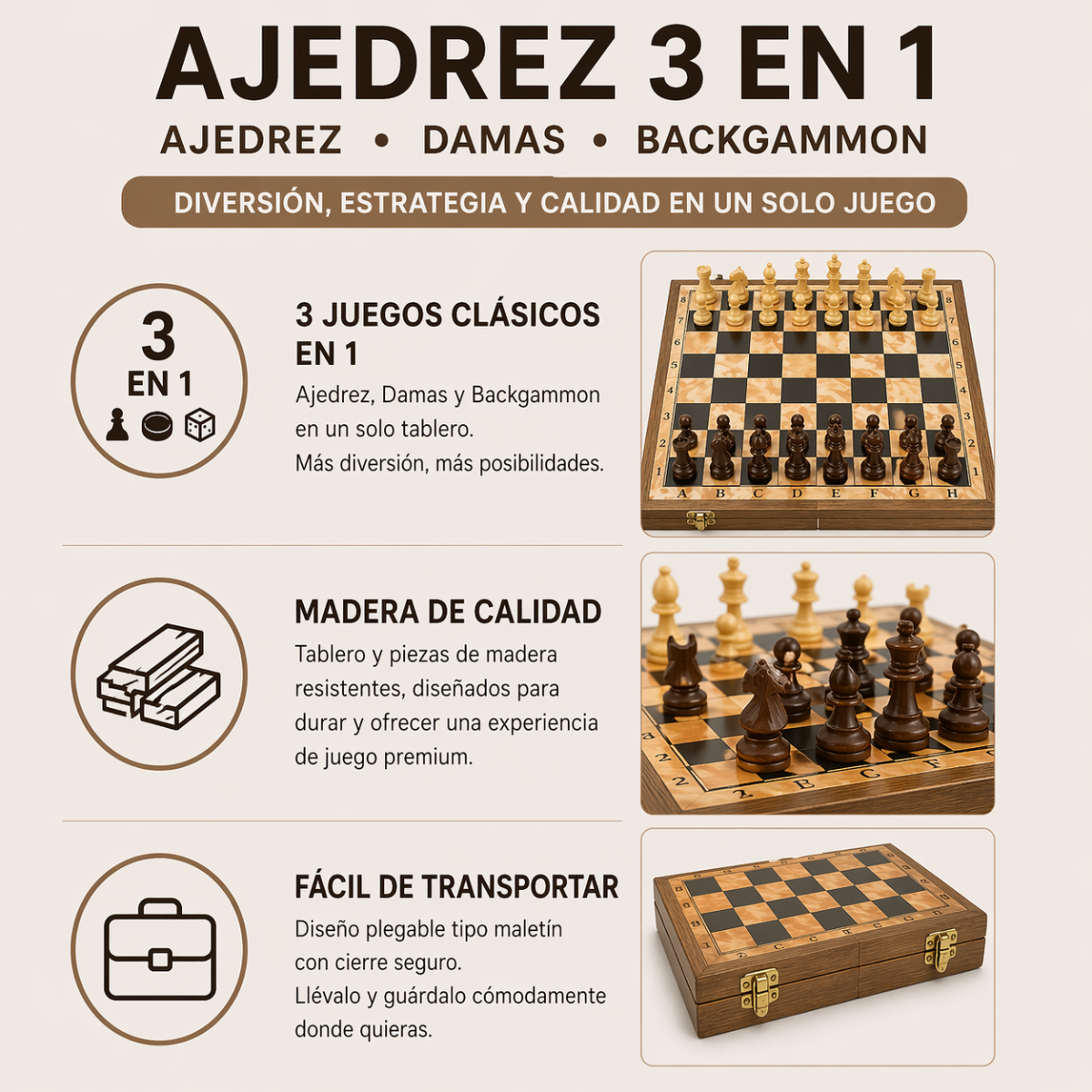 Ajedrez 3 En 1 Madera 48x48 Cm Con Damas Y Backgammon GRANDE