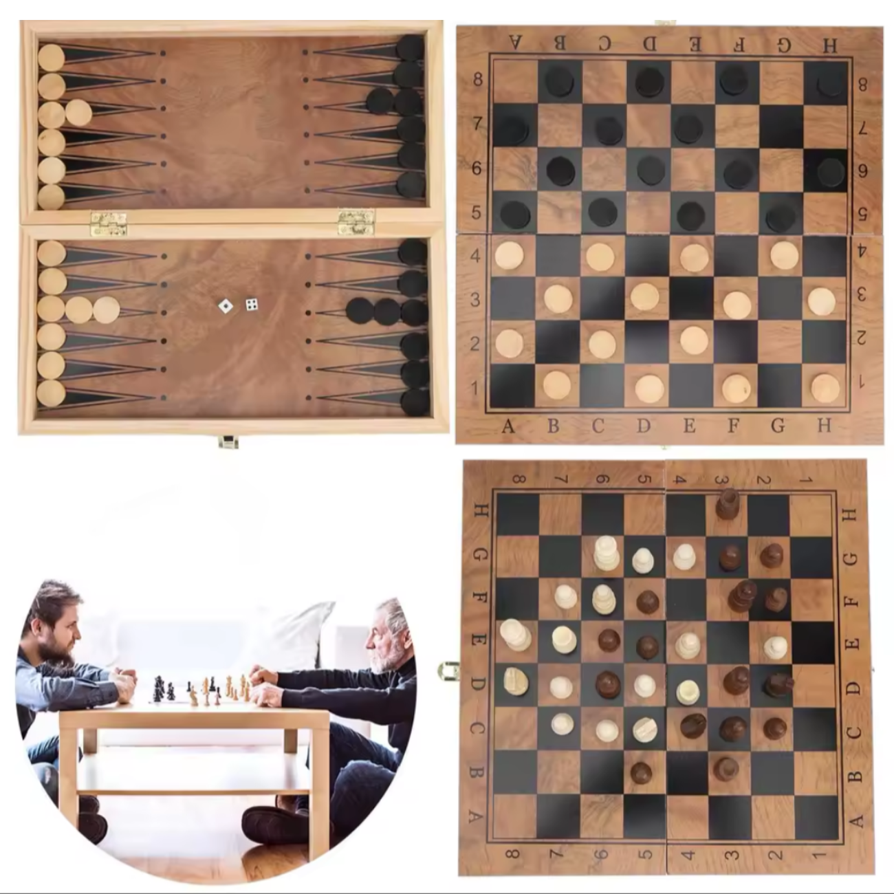 Ajedrez 3 En 1 Madera 48x48 Cm Con Damas Y Backgammon GRANDE