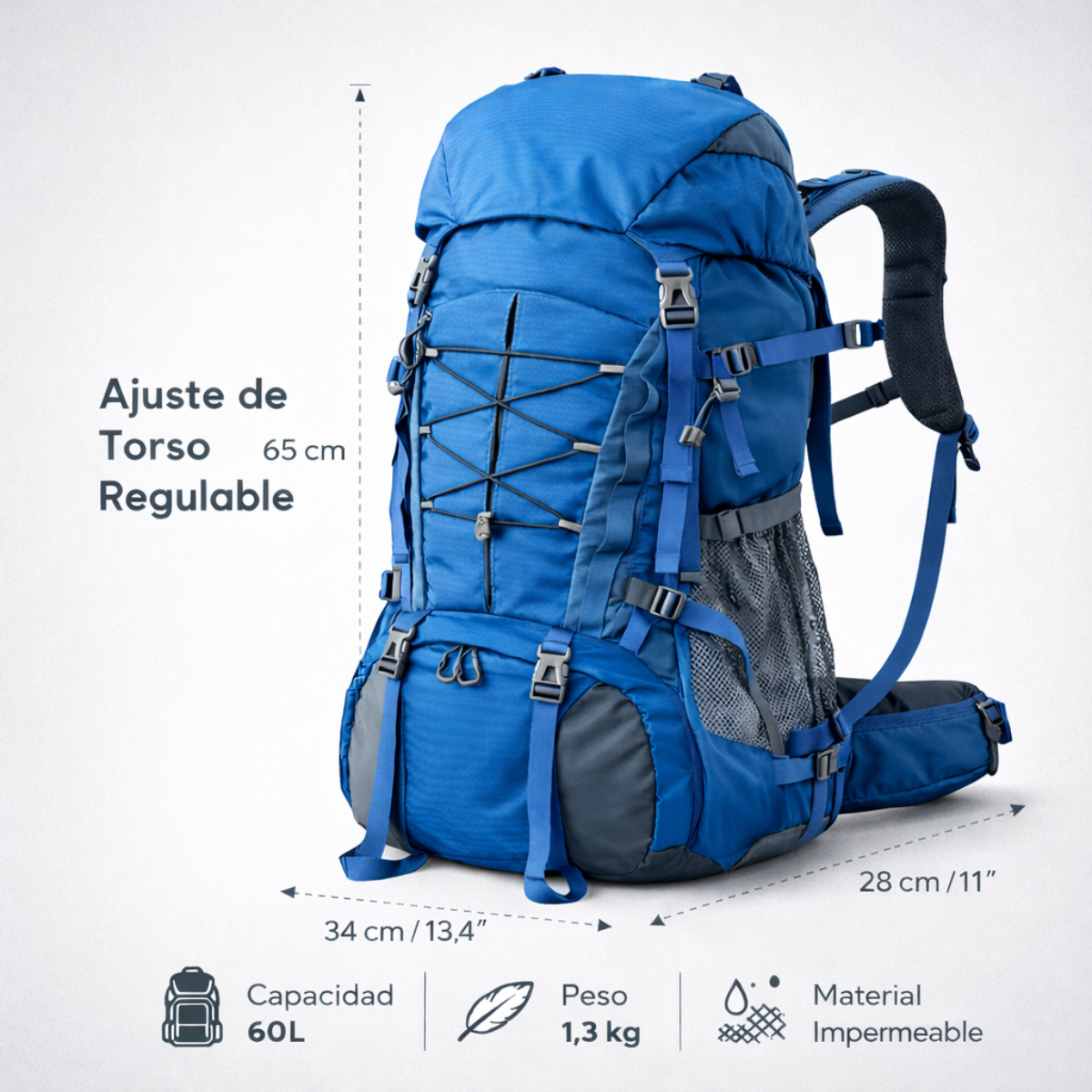 Mochila Trekking 60L Ajustable Ergonómica Gran Capacidad