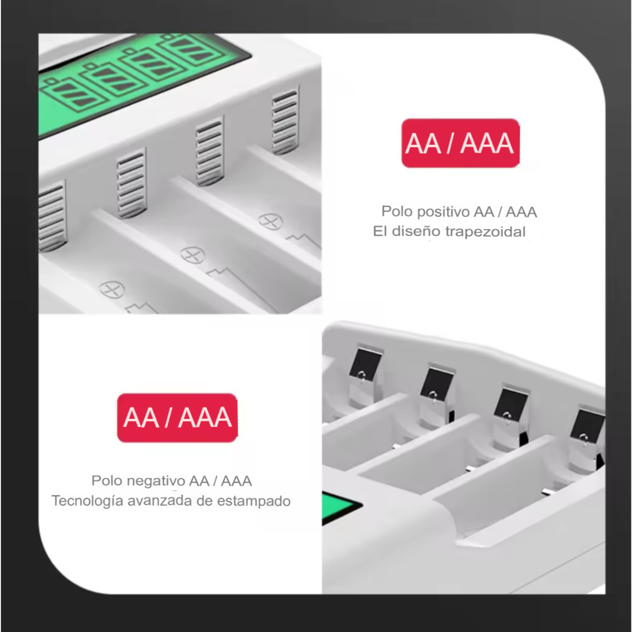 Cargador de Baterías recargables AA o AAA  Pantalla LCD