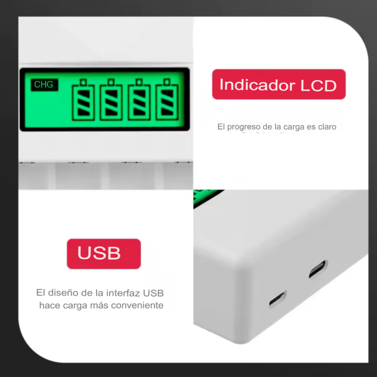 Cargador de Baterías recargables AA o AAA  Pantalla LCD