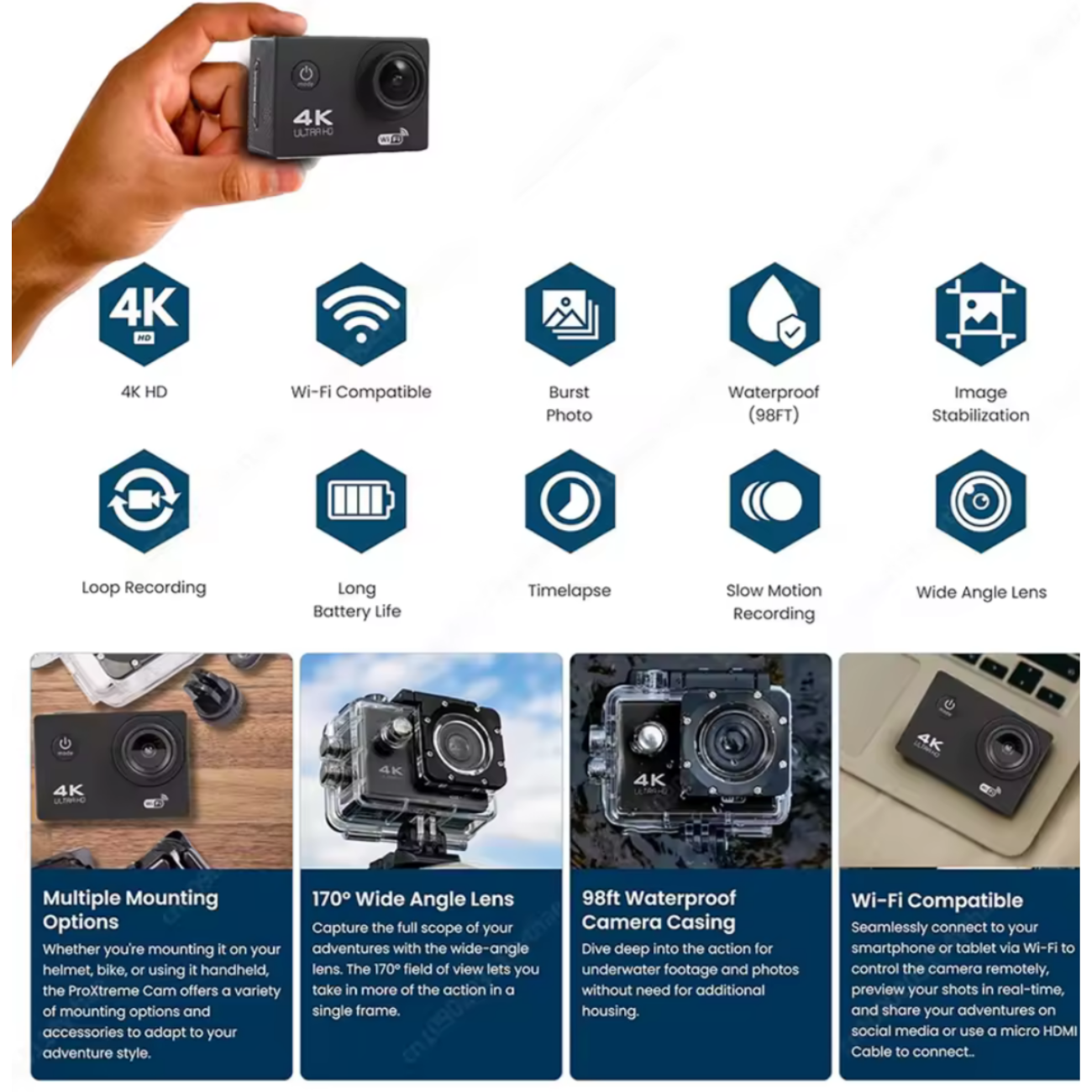 Cámara Deportiva 4k Wi-fi Sumergible 30mts Ultra Hd