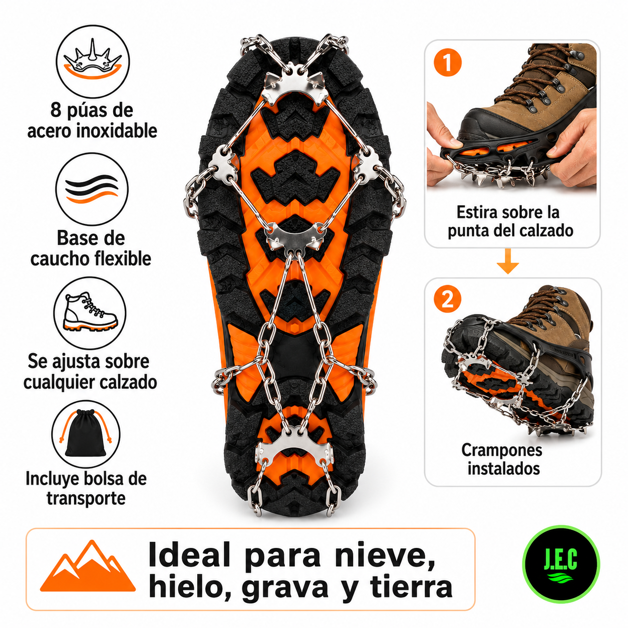 Crampones de 8 Puntas para Nieve y Hielo Antideslizantes