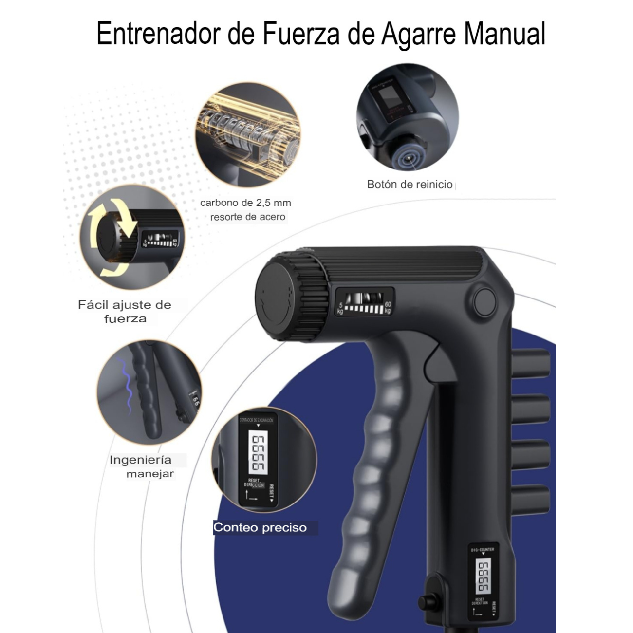 Hand Grip Con Contador mecánico  Ajustable 5 A 60 Kg Fitness