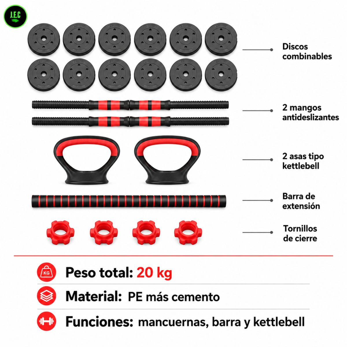 Set de Mancuernas Ajustables 20 Kg 3 en 1 para Casa
