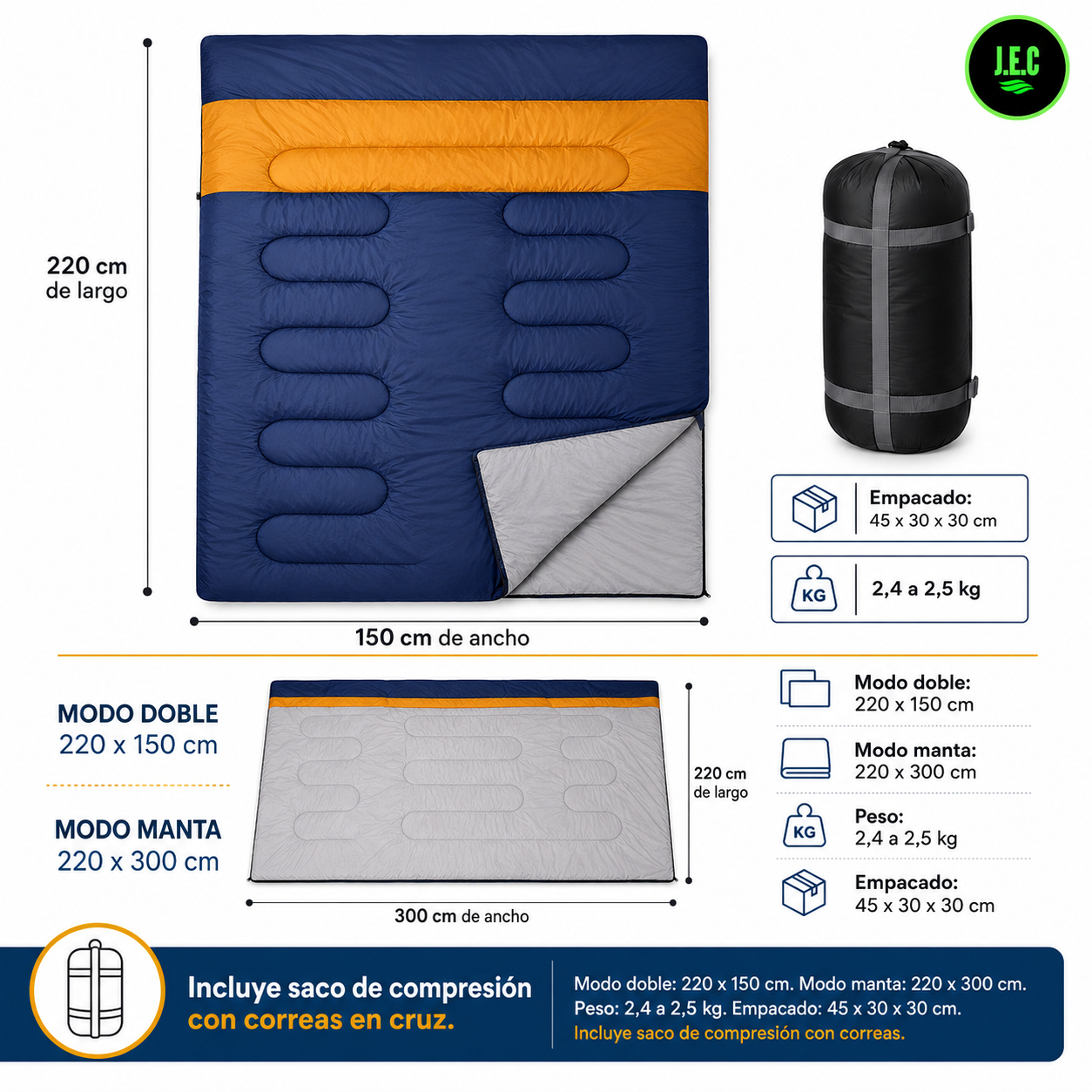 Saco De Dormir Doble 3 En 1 Ultraligero Invierno Azul Marino