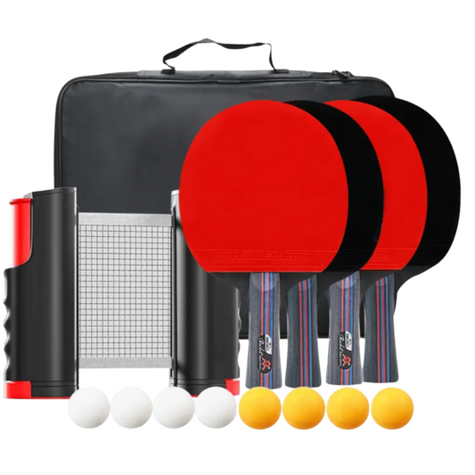 kit de 4 Paletas de Ping Pong + malla adaptable + 8 pelotas + estuche