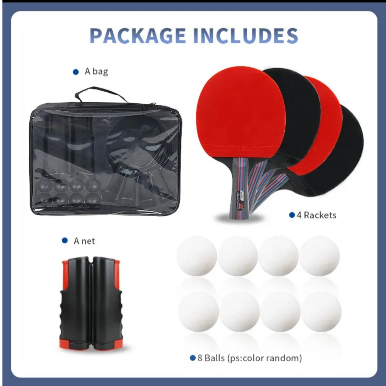 kit de 4 Paletas de Ping Pong + malla adaptable + 8 pelotas + estuche