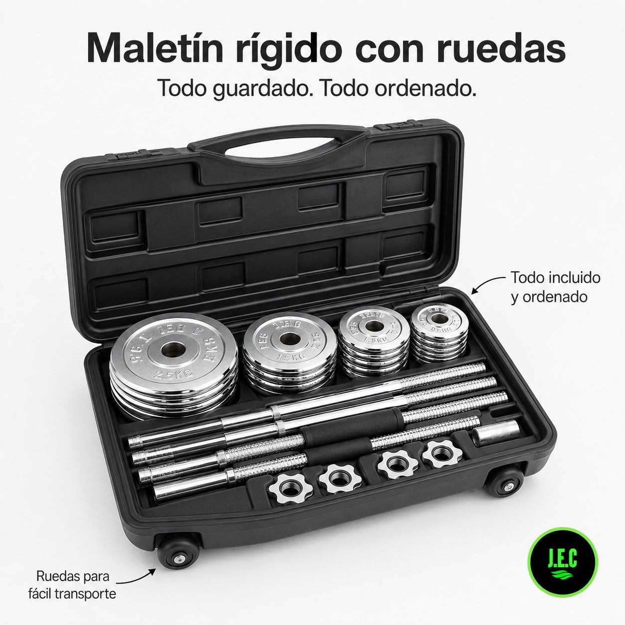 Set Mancuernas J.E.C. 50kg 2 en 1 con Barra y Maletin