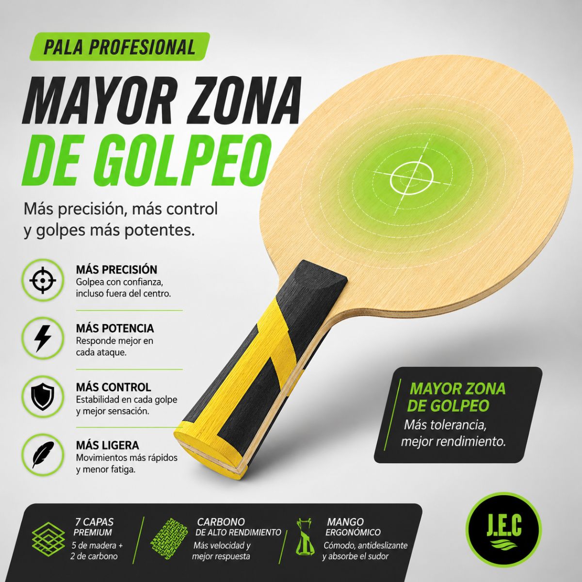 Pala de Madera Ping Pong 7 Capas Carbono Profesional (Sin Goma)